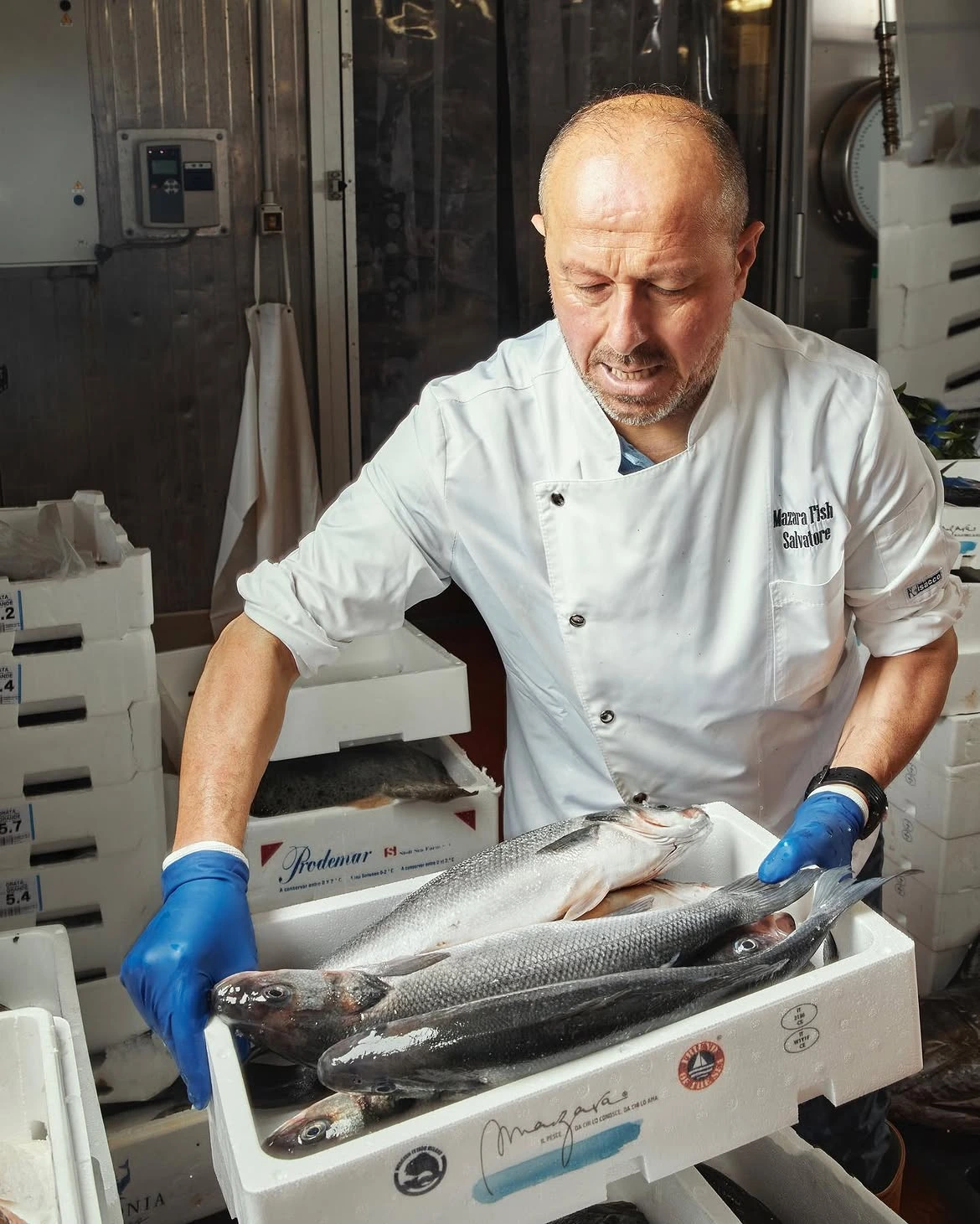 Personale Mazara Fish controlla il pesce fresco prima della spedizione