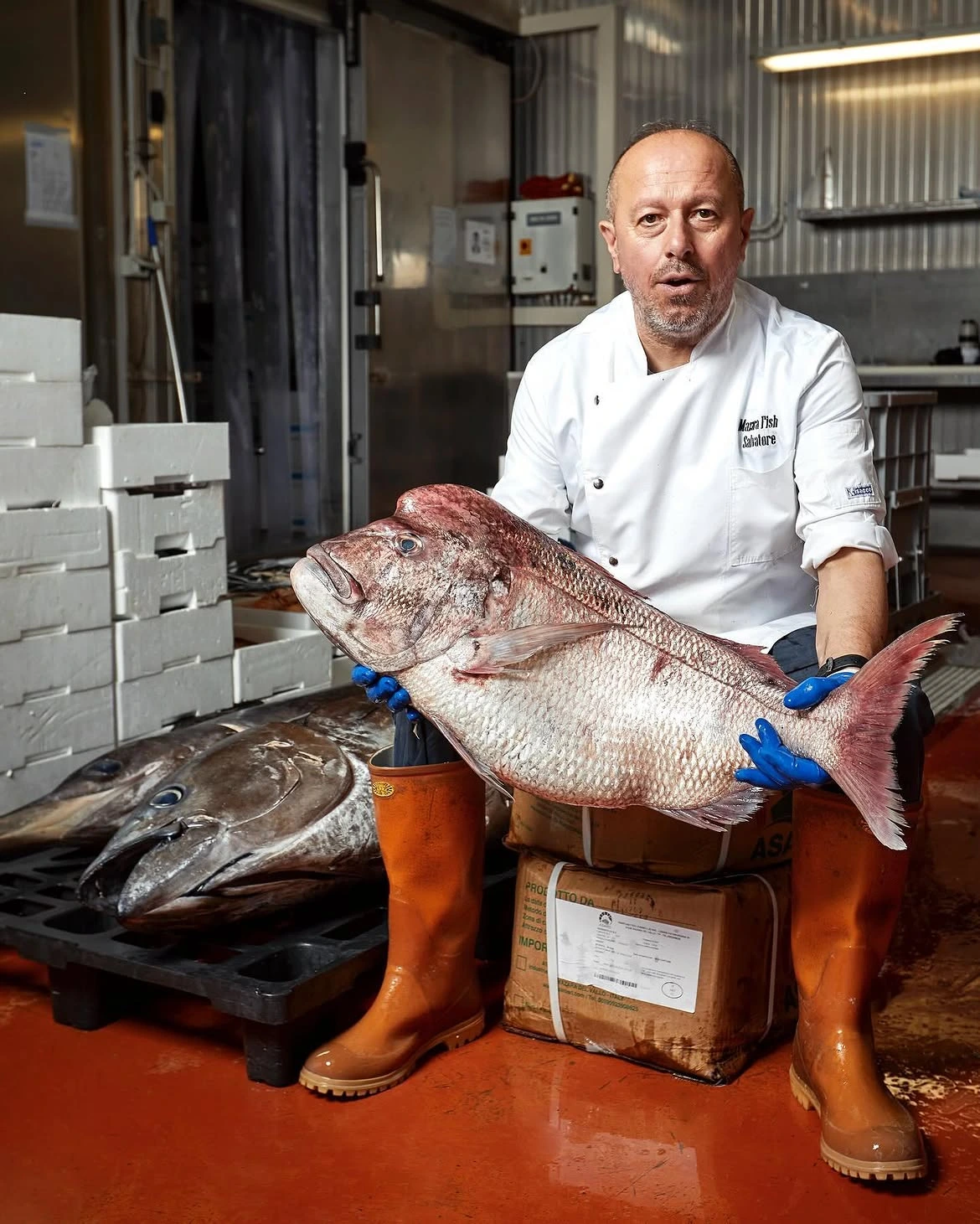 Personale Mazara Fish mostra un dentice fresco selezionato